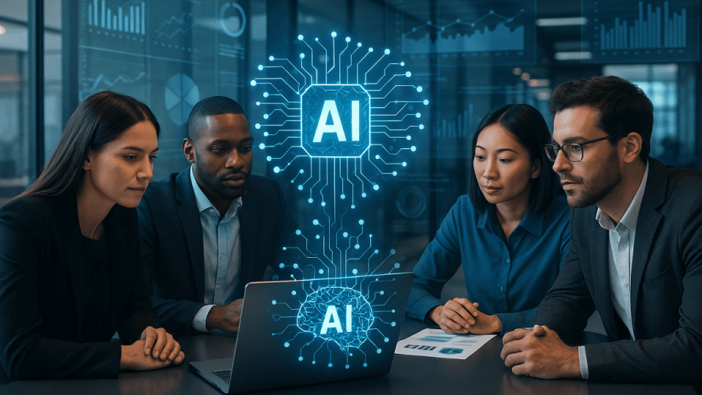 Image of four adult people around a table with an image that reads "AI"