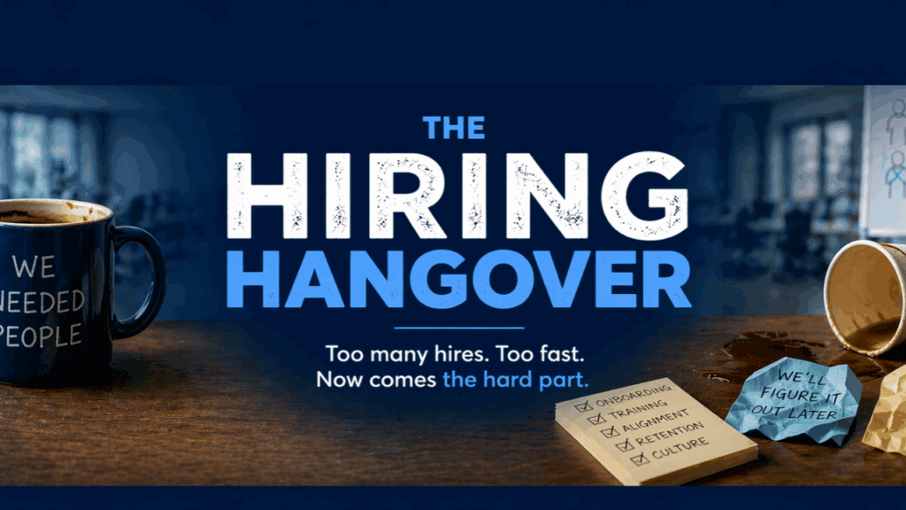 photo that shows a two cup of coffee and one is spilled and text that says "The hiring hangover"