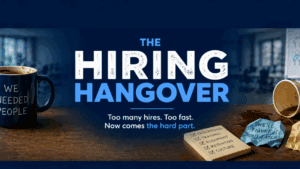 photo that shows a two cup of coffee and one is spilled and text that says "The hiring hangover"