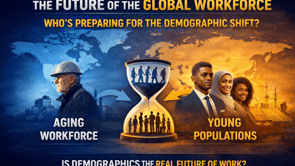Current image: The image highlights a global demographic shift, contrasting an aging workforce in some regions with young populations in others.